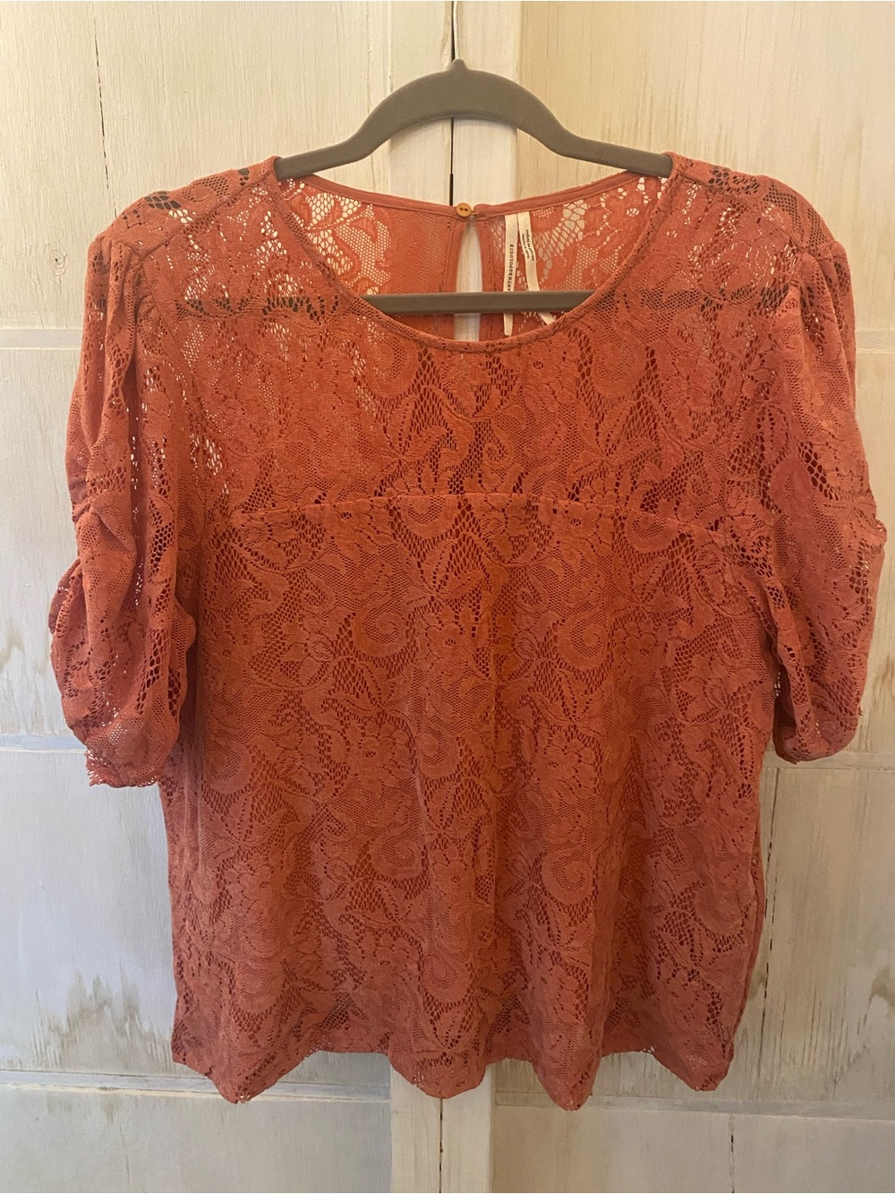 Anthropologie Terracotta Lace Puff-Sleeve Blouse